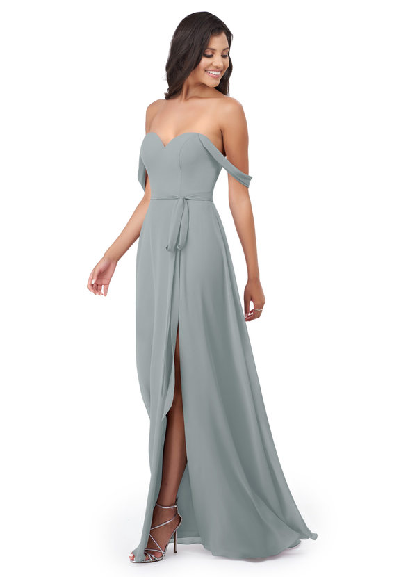 Azazie Aaron Bridesmaid Dresses Dolphin Grey A-Line Off the Shoulder Chiffon Convertible Dress image1
