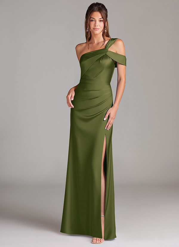 Azazie Wynter Vestidos de dama de honor Vestido Oliva Brillante de Satén Elástico de Corte Recto con Un hombro image1