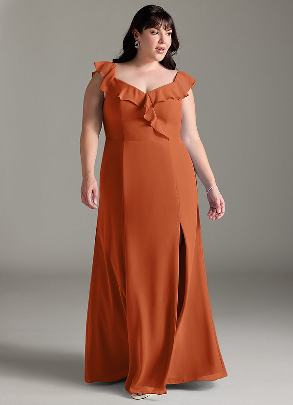 Azazie Sophie Bridesmaid Dresses Burnt Orange A-Line Off the Shoulder Chiffon Convertible Dress image1