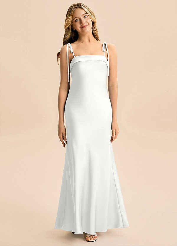 Azazie Willa Junior Vestido Blanco de Satén Elástico de Corte Sirena con Lazo image1