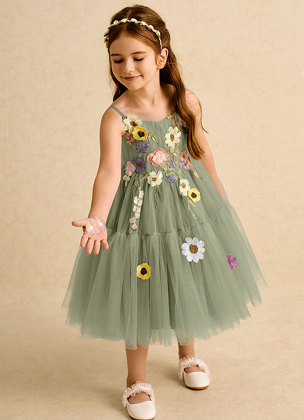 Azazie Osea Flower Girl Dresses Pistachio Ball-Gown Pleated Tulle Dress image1