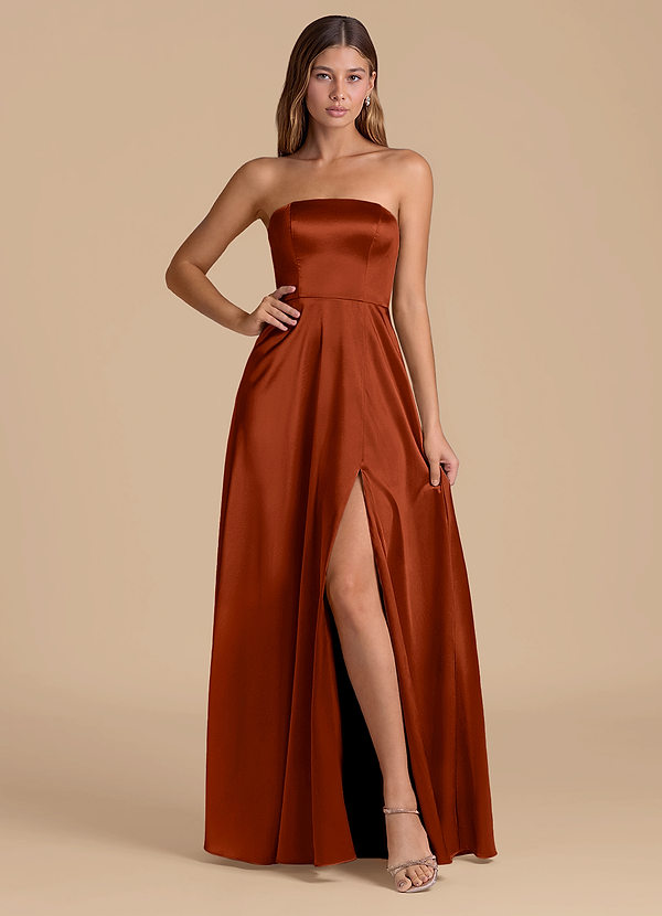 Azazie Wren Bruidsmeisjes Jurken Jurk van Metaalachtig Satijn met A-Lijn Strapless Kastanjebruin image1