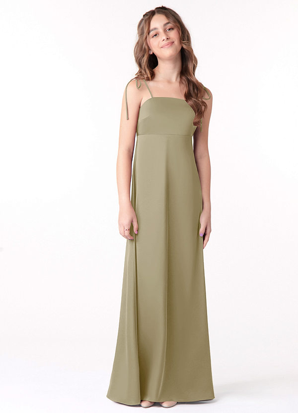 Azazie Violeta Junior Moss Green A-Line Bow Stretch Satin Dress image1