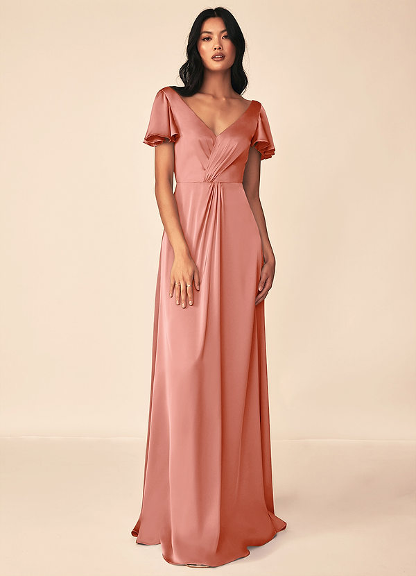 Azazie Soren Bridesmaid Dresses Coral A-Line Pleated Stretch Satin Dress image1
