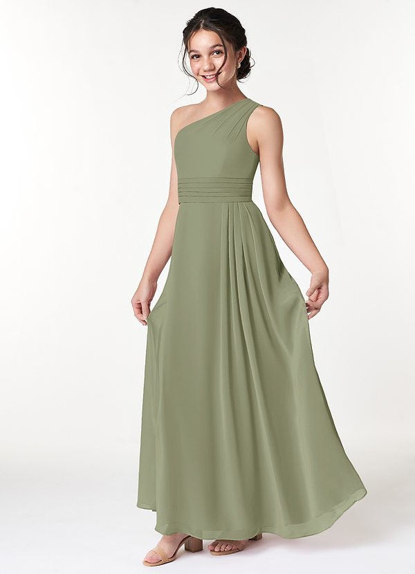 Azazie Cleo Junior Pistachio A-Line Pleated Chiffon Dress image1