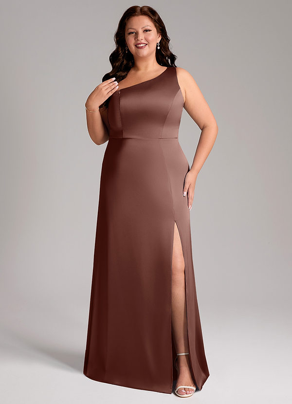 Azazie Phaedra Robes Demoiselle d'honneur Robe Trapèze en Satin extensible Ue épaule Expresso image1