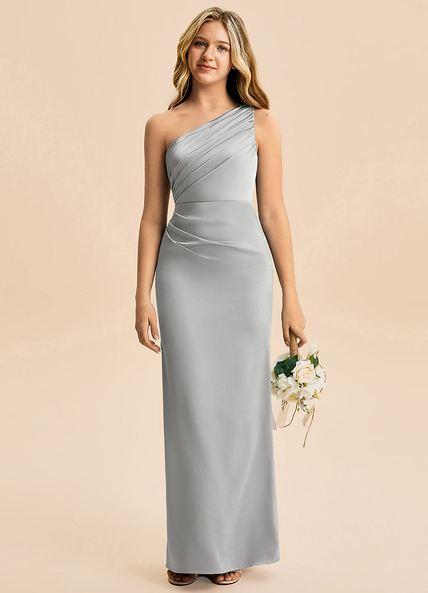 Azazie Akilah Junior Skede Plisseret Stræk satin Gulv-længde Junior brudepige Kjole image1