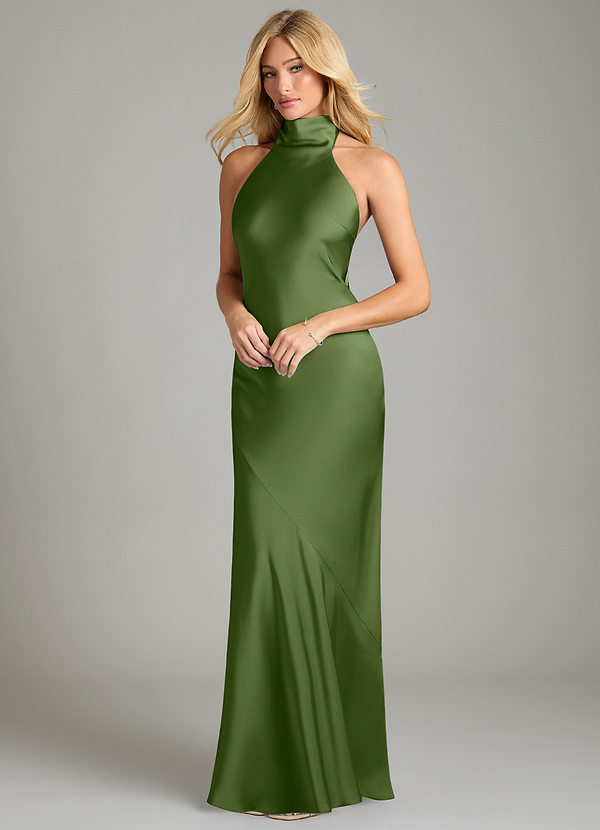 Azazie Velli Bridesmaid Dresses Juniper Mermaid High Neck Stretch Satin Dress image1