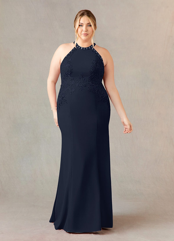 Azazie Tyra Mother of the Brides Dresses Dark Navy Mermaid Halter Lace Stretch Crepe Dress image1
