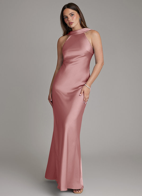Azazie Dimitra Robes Demoiselle d'honneur Robe Trapèze en Satin extensible Plissée Rose Poussiéreuse image1
