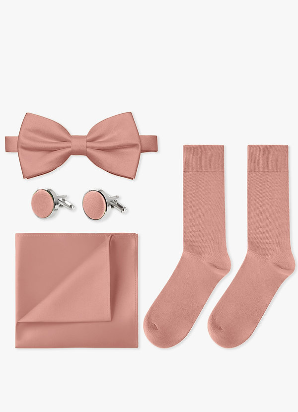 front Passendes Set aus Fliege, Einstecktuch, Manschettenknöpfen und Socken