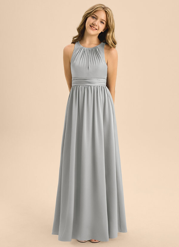 Azazie Jaylah Junior Silver A-Line Pleated Stretch Satin Dress image1
