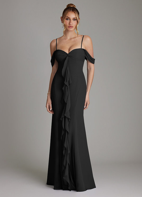 Azazie Karmela 신부 들러리 드레스 A라인 오프 더 숄더 쉬폰 바닥 길이 드레스 image1