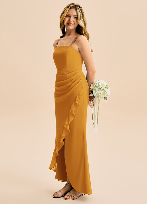 Azazie Buzzy Junior Robe Fourreau en Mousseline de soie Plissée Caramel écossais image1