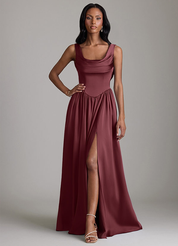 Azazie Novi Bridesmaid Dresses Merlot A-Line with Pockets Stretch Satin Dress image1