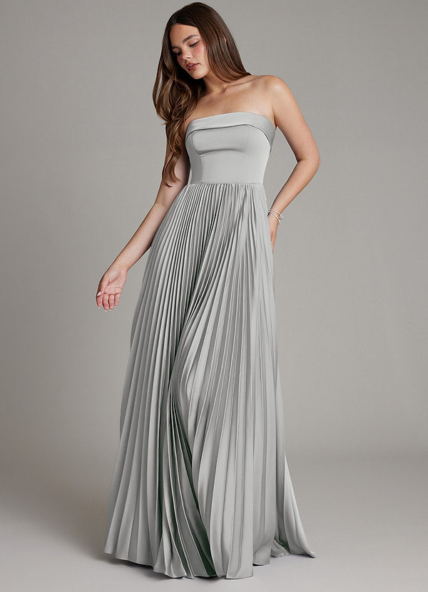 Azazie Mariana Bridesmaid Dresses Silver A-Line Pleated Stretch Satin Dress image1