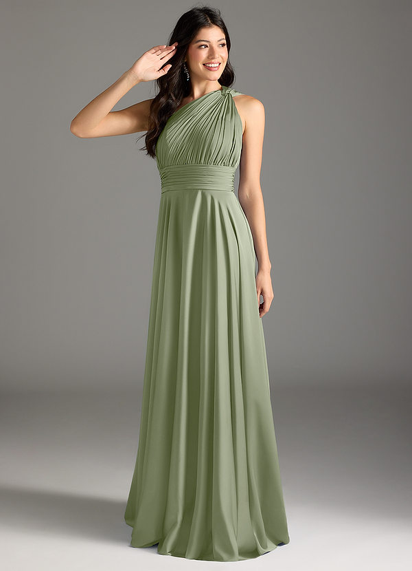 Azazie Charlize Bridesmaid Dresses Pistachio A-Line One Shoulder Stretch Satin Dress image1