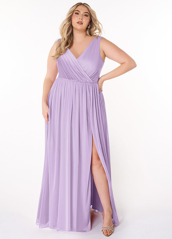 Azazie Tanicia Bridesmaid Dresses Lilac A-Line V-Neck Pleated Mesh Dress image1