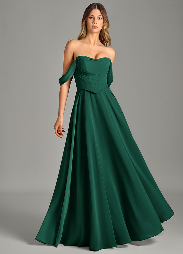 Azazie Chelsey Abiti da Damigella Abito Convertibile A-Line in Chiffon a Spalla Scoperta Smeraldo image1