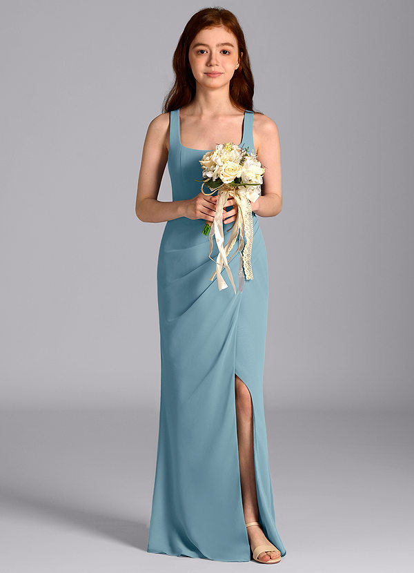 Azazie Mero Junior Meerjungfrau-Linie Plissee Chiffon Kleid Stimmungsvolles Blau image1