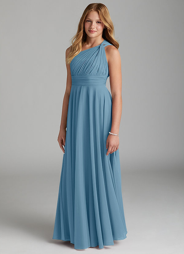 Azazie Charlize Junior Steel Blue A-Line Mesh Dress image1