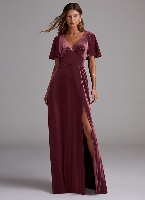 Azazie Kimber Bridesmaid Dresses Raspberry A-Line with Pockets Velvet Dress image1