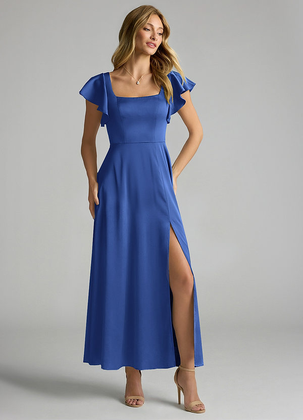 Azazie Bondi Bridesmaid Dresses Royal Blue A-Line Ruched Stretch Satin Dress image1