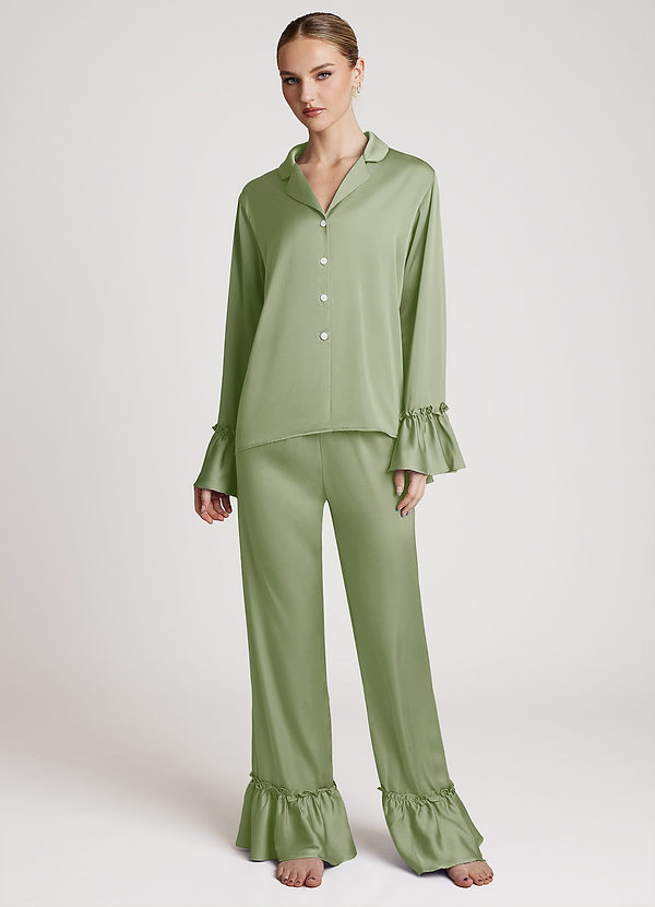 front Dusty Sage Conjunto de pijama leve de cetim com babados