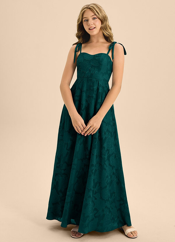 Azazie Rosey Junior Abito A-Line in Burnout Floreale Scollo a Cuore Pino image1