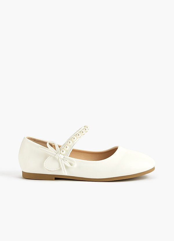 front Pearl Strap and Bow Girls Flat Shoes