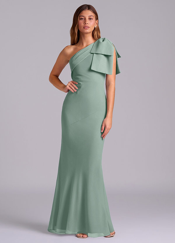 Azazie Yuanna Bridesmaid Dresses Silver Sage Mermaid One Shoulder Chiffon Dress image1