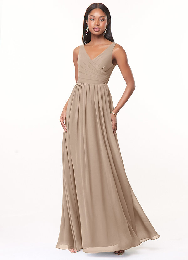 Azazie Keyla Bridesmaid Dresses Taupe A-Line V-Neck Pleated Chiffon Dress image1