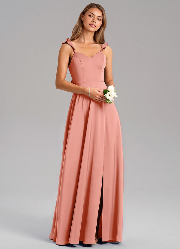 Azazie Everett Bridesmaid Dresses Coral A-Line Stretch Satin Dress image1