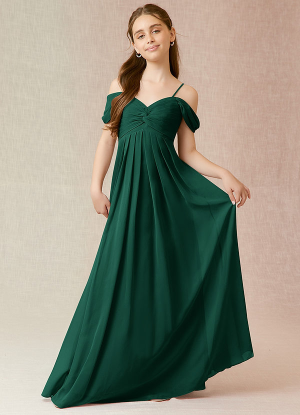 Azazie Kaitlynn Junior Emerald A-Line Off the Shoulder Chiffon Dress image1