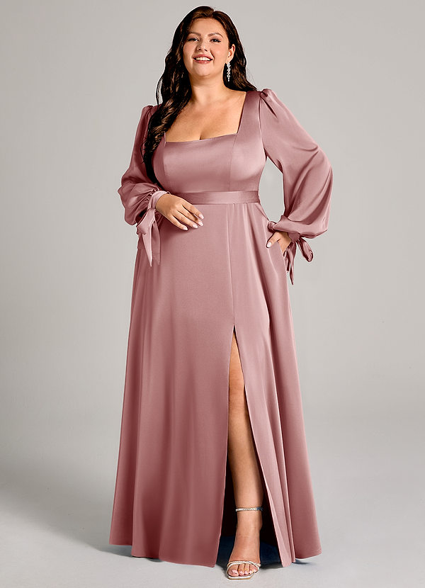 Azazie Leonia Bridesmaid Dresses Dusty Rose A-Line Long Sleeve Stretch Satin Dress image1
