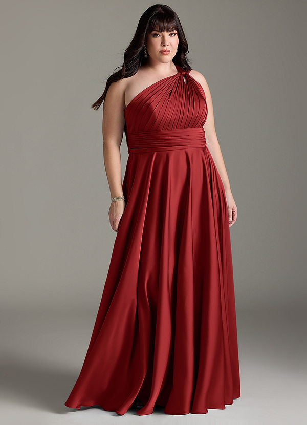 Azazie Charlize Bridesmaid Dresses Pomegranate A-Line One Shoulder Stretch Satin Dress image1
