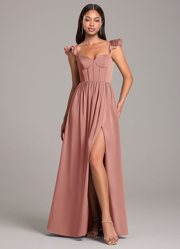 Azazie Denisse Robes Demoiselle d'honneur Robe Trapèze en Satin extensible Rayé Rosette image1