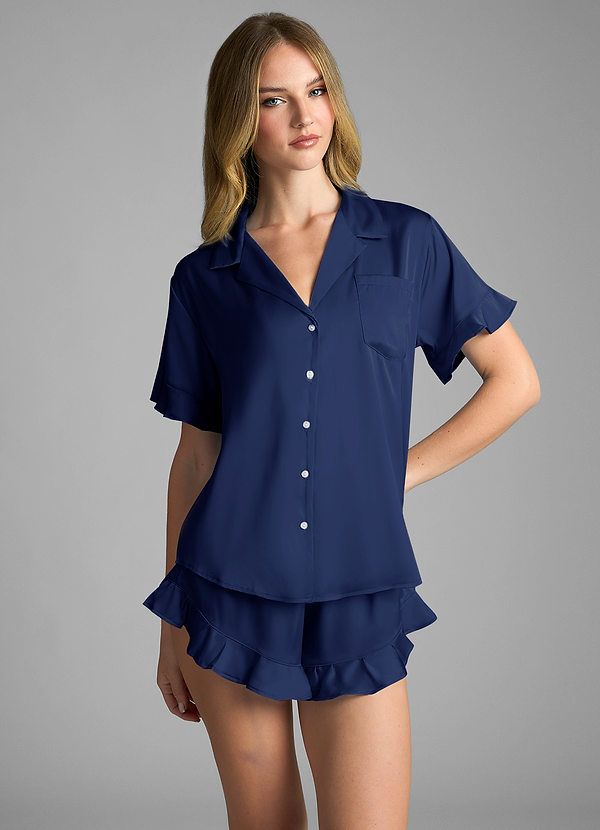 front Donkere Marine Geplooide pyjamaset met korte mouwen