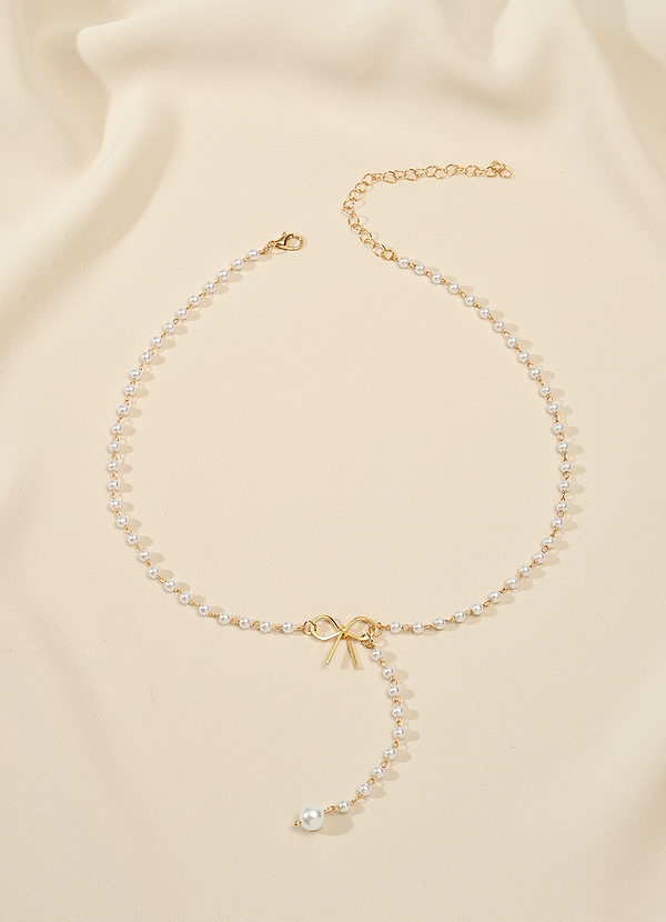 front Pearl Bow Lariat Necklace