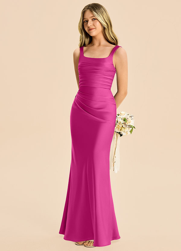 Azazie Agustina Junior Robe Fourreau en Satin extensible Plissé Fuchsia image1