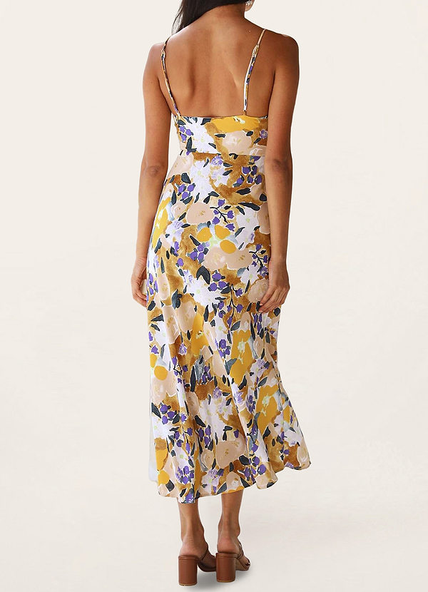 back Breezing Through Yellow  Floral Print Midi Dress