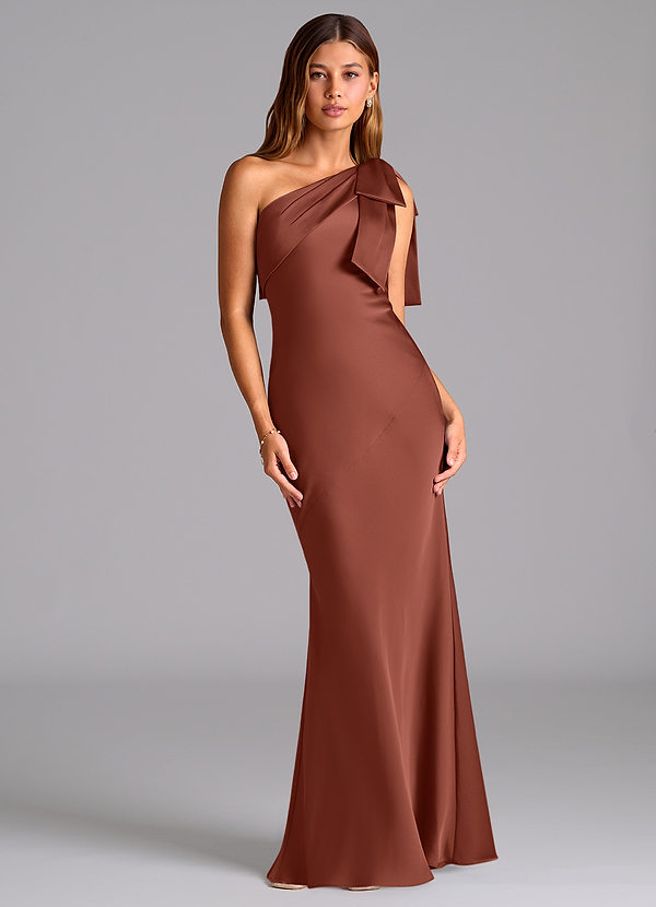 Azazie Yuanna Bruidsmeisjes Jurken Jurk van Stretch Satijn met Zeemeermin One-Shoulder Kastanjebruin image1