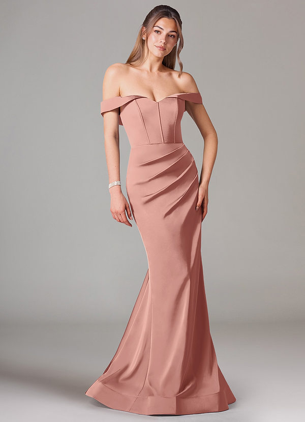 Azazie Everly Bruidsmeisjes Jurken Converteerbaar Jurk van Stretch Satijn met Zeemeermin Off the Shoulder Rozet image1