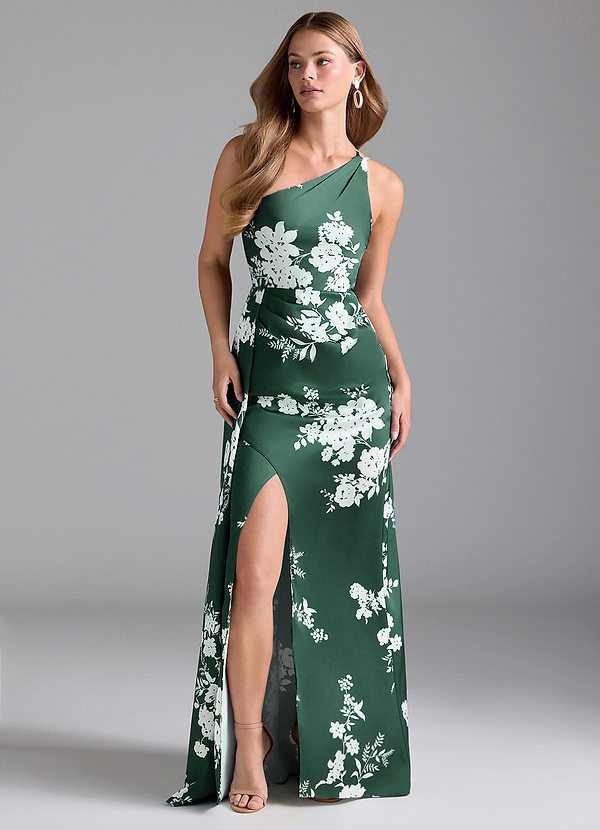 Azazie Maron Bridesmaid Dresses Green Botanicals A-Line One Shoulder Stretch Satin Dress image1