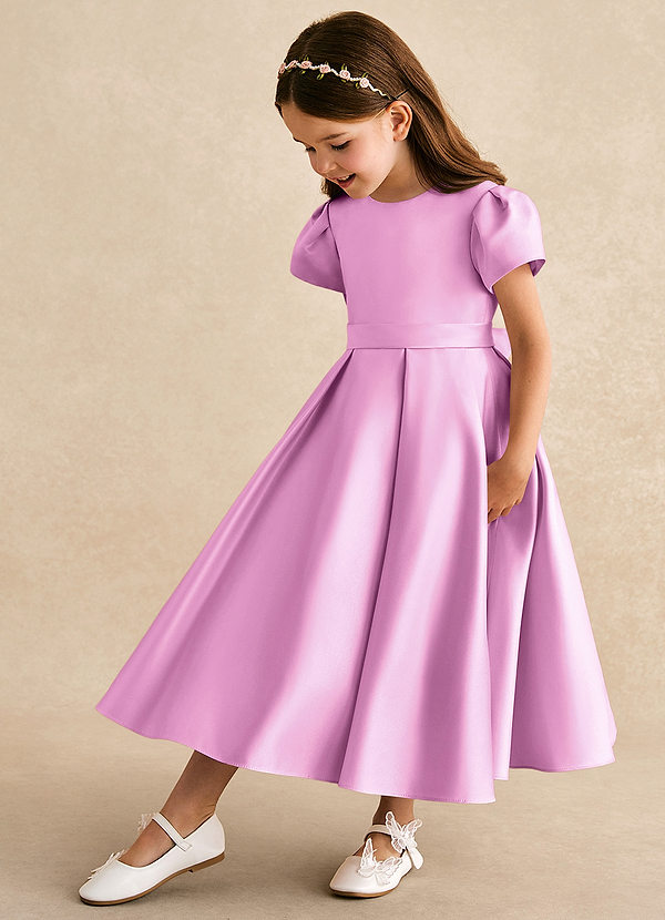 Azazie Princess Flower Girl Dresses Candy Pink A-Line Pleated Matte Satin Dress image1