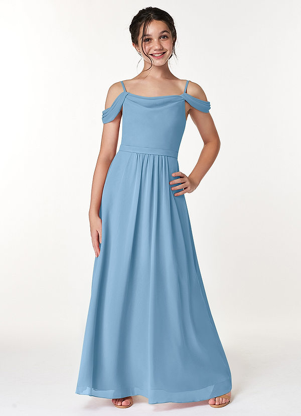 Azazie Alivia Junior Steel Blue A-Line Off the Shoulder Chiffon Dress image1