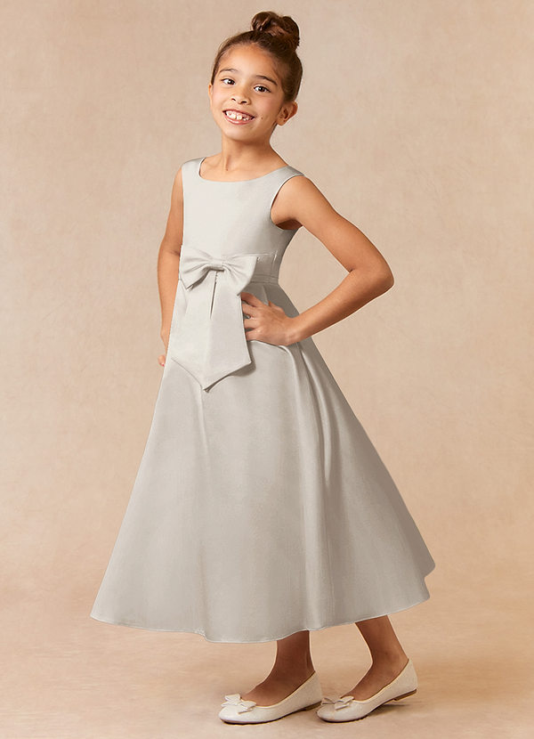 Azazie Lindy Flower Girl Dresses Frost A-Line Pleated Matte Satin Dress image1