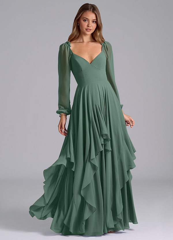 Azazie Karan Bridesmaid Dresses Sea Moss A-Line Long Sleeve Chiffon Dress image1