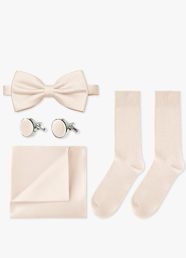 front Passendes Set aus Fliege, Einstecktuch, Manschettenknöpfen und Socken