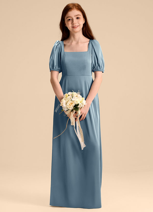 Azazie Briar Junior Robe Trapèze en Satin extensible Arc Bleu Poussiéreux image1